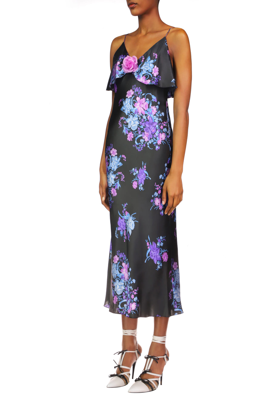 Floral Printed Satin Charmeuse Bias Slip Dress With Ruffle And Silk Flower Detail