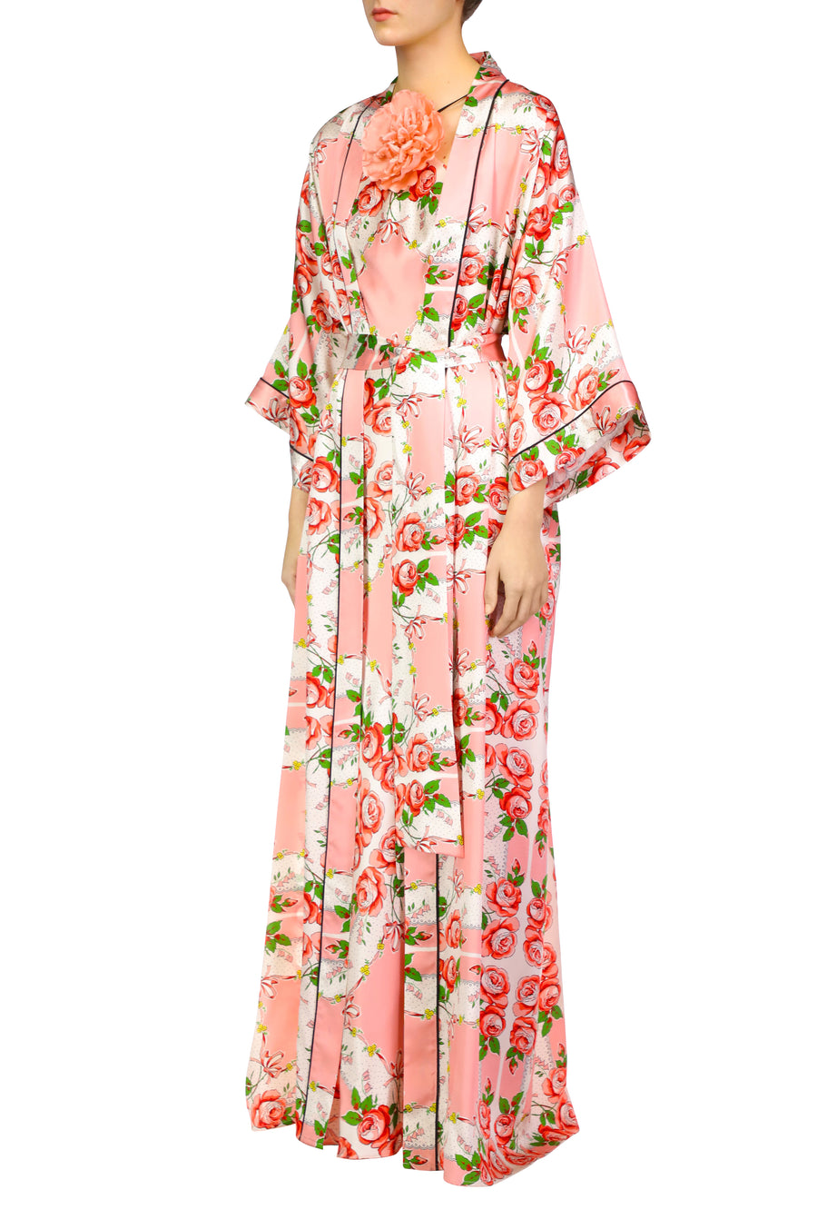 Pink Rose Printed Silk Satin Long Robe