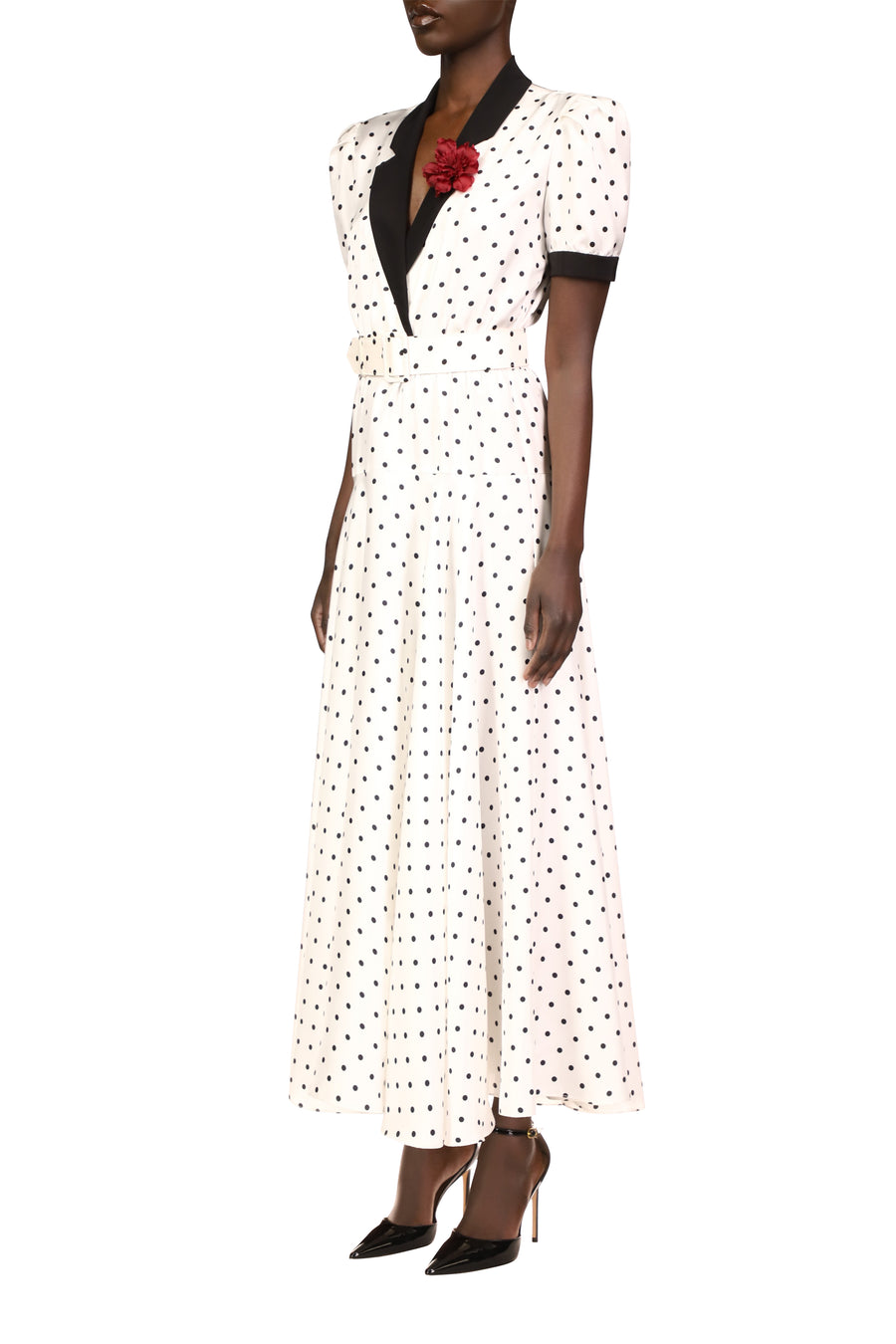 White and Black Polka Dot Silk Twill Collared Dress With Belt