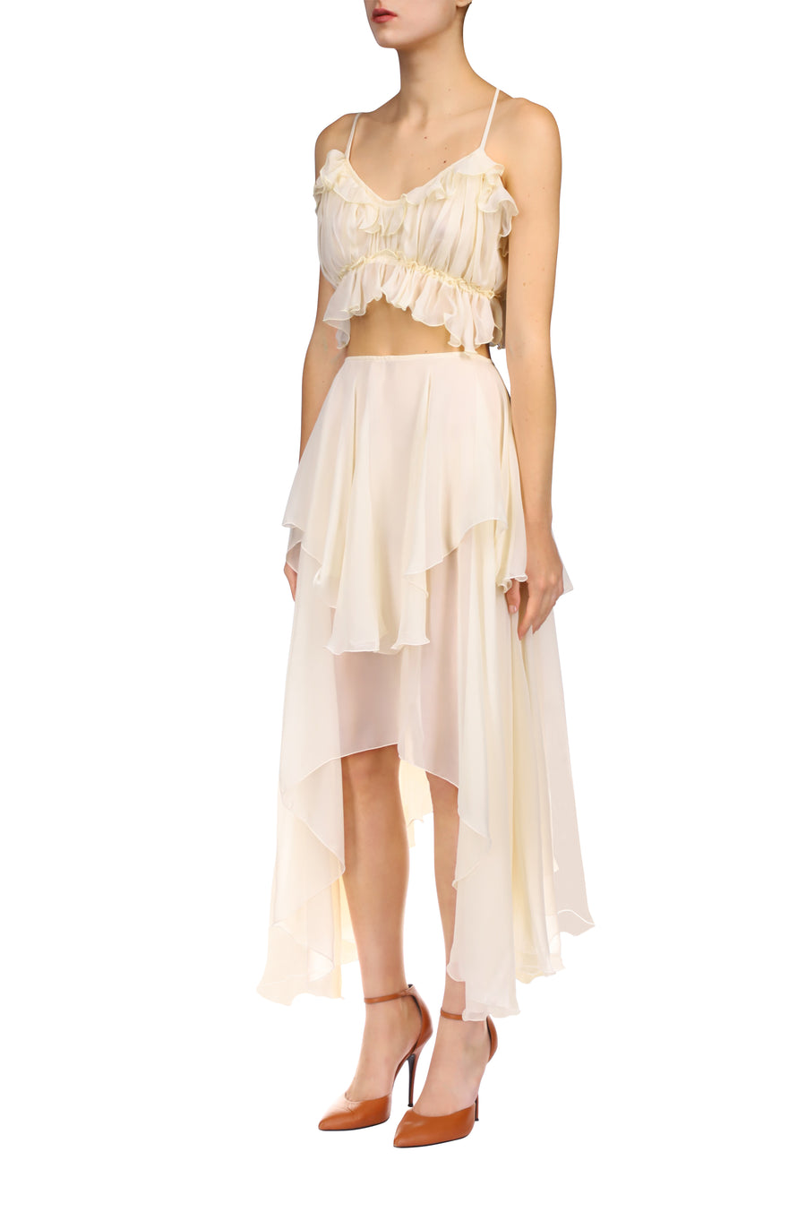 Cream Silk Chiffon Blouse and Tiered Skirt Ensemble