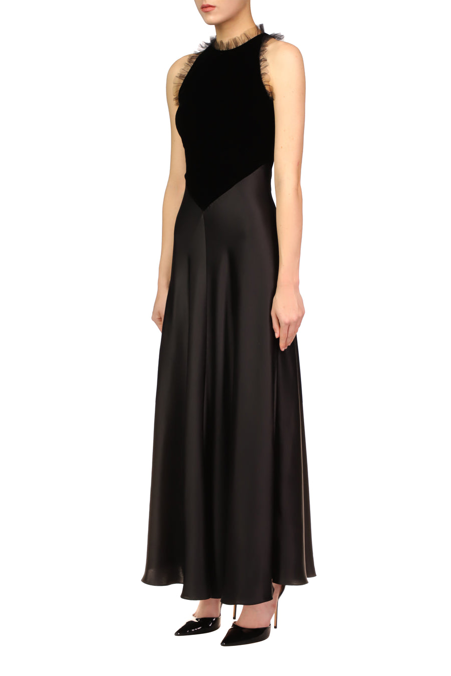 Black Silk Satin & Velvet Dress With Tulle Detail