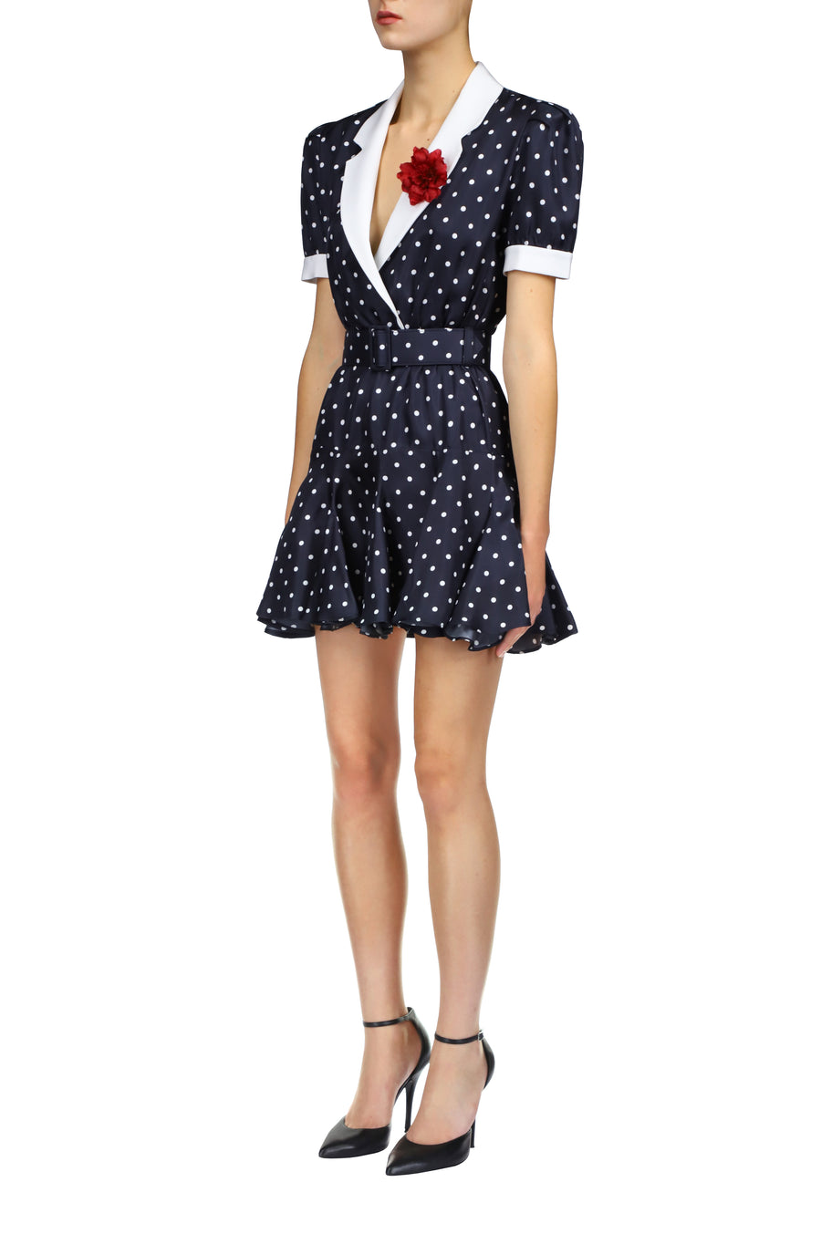 Polka Dot Silk Twill Collared Mini Dress With Belt Detail