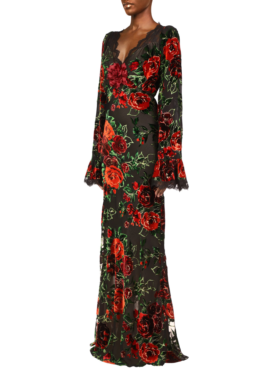 Floral Burnout Velvet Gown Dress With Bell Sleeves