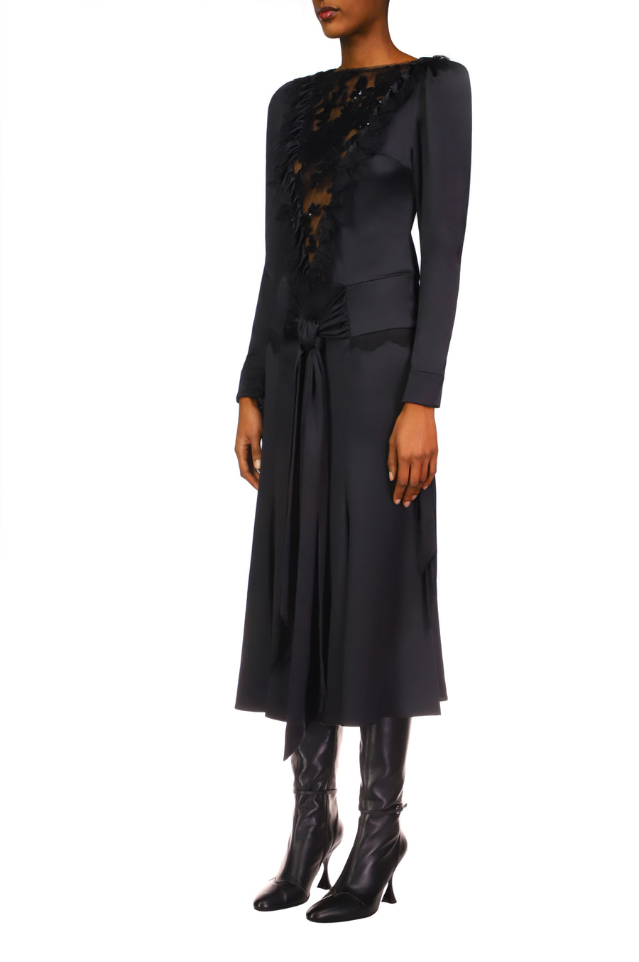 Black Silk Long Sleeve Dress With Black Sequin Tulle & Sash