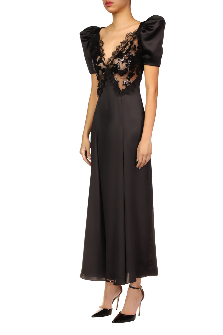 Black Silk Satin Puff Sleeve Dress With Sequin Detail