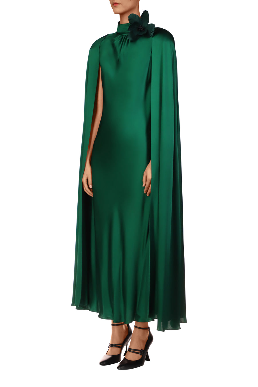 Green Silk Satin Cape Dress with Flower