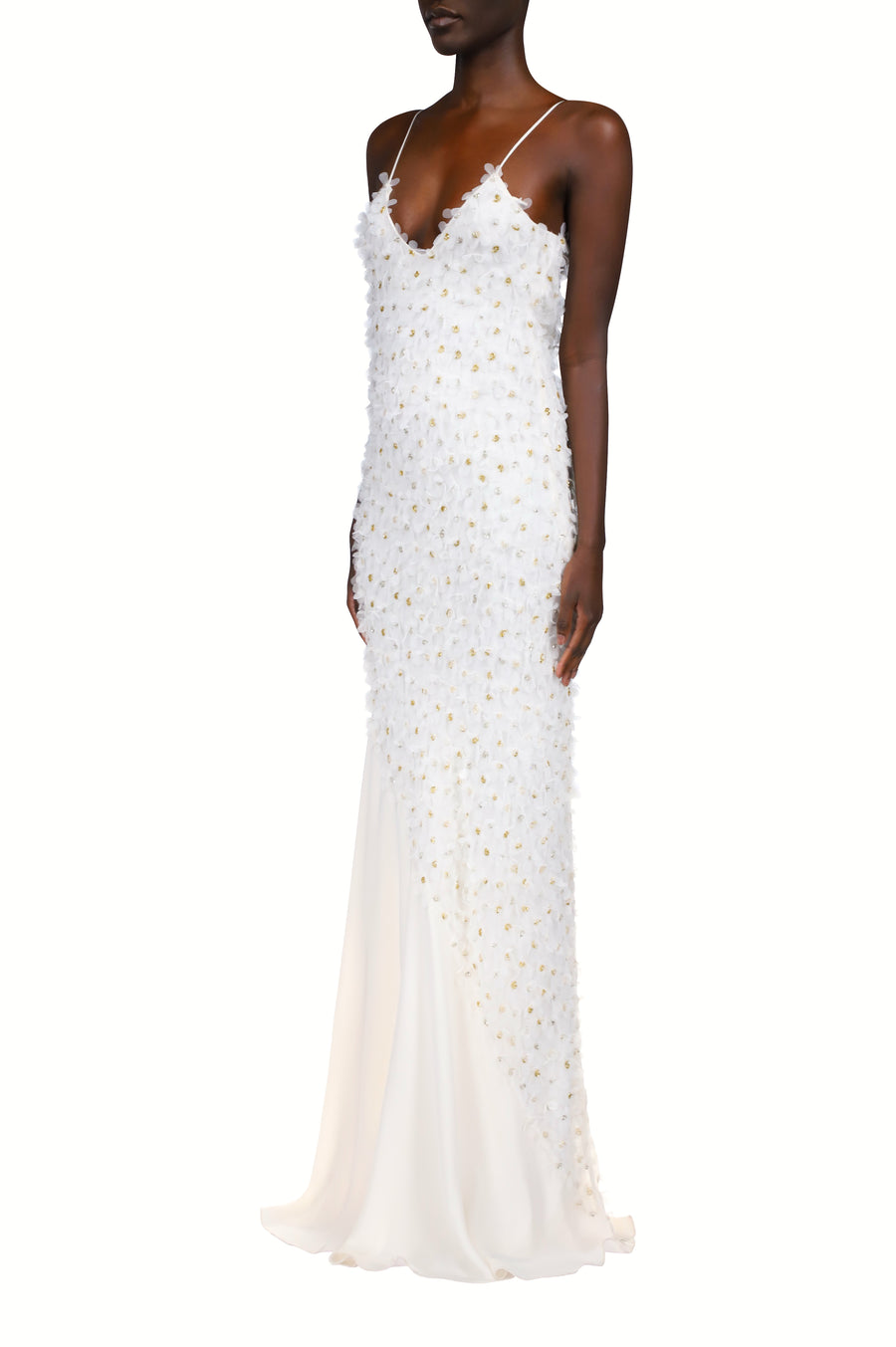 Embroidered Bias Slip Gown With Applique Flowers And Georgette Insert