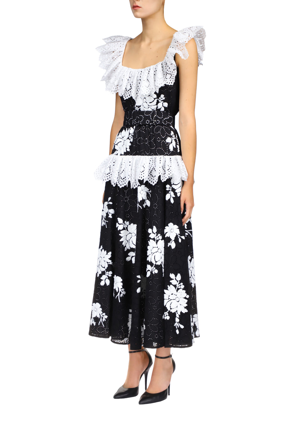 Black Cotton Eyelet Dress With Floral Sequins, Eyelet Ruffle Detail And Belt