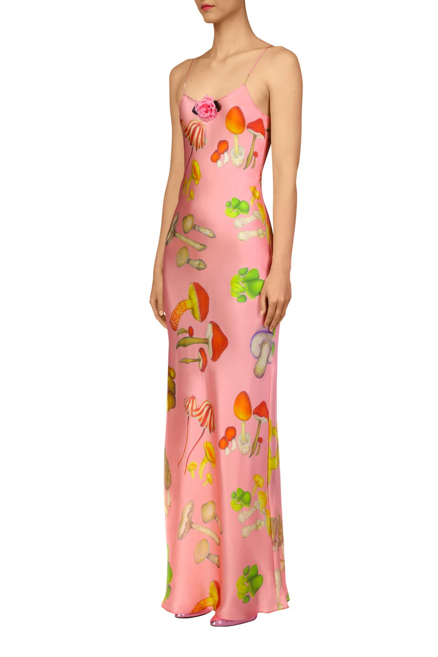 Pink Mushroom Printed Silk Satin Tea Length Slip Dress