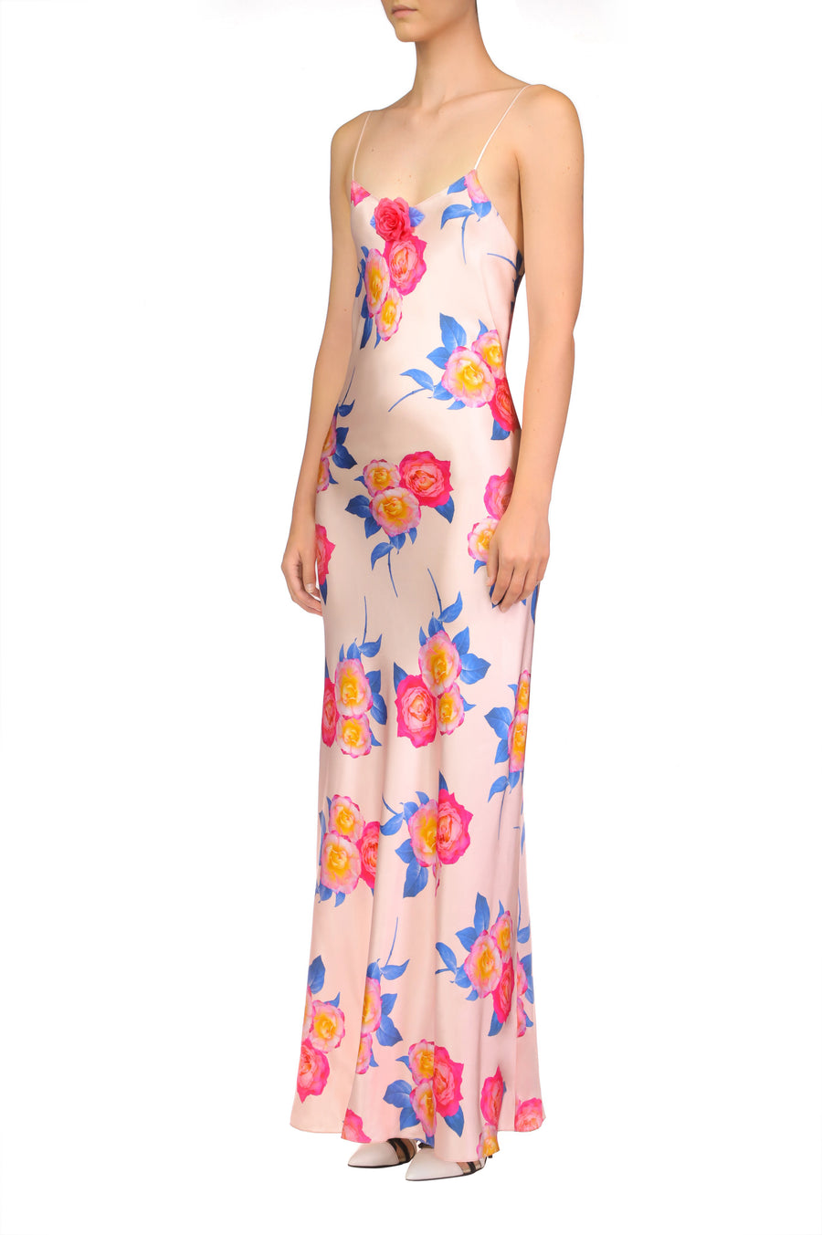 Pink And Blue Rose Printed Silk Bias Long Slip Dress With Silk Flower Detail