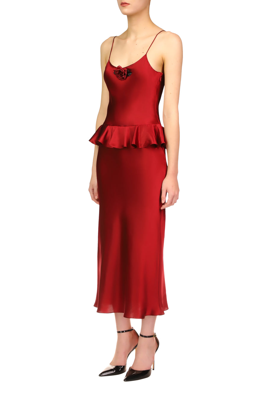 Red Silk Satin Bias Slip Dress With Peplum