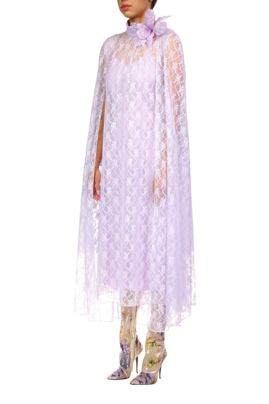 Lavender Floral Lace Cape Dress