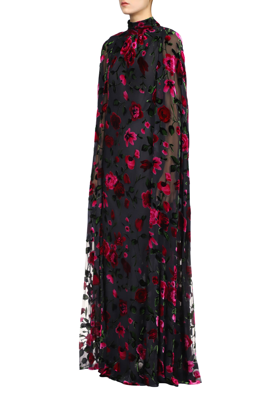 Black and Pink Floral Velvet Devoré Cape Gown