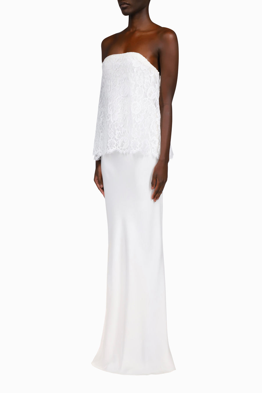 White Silk Crepe Strapless Bias Gown With White Lace Overlay