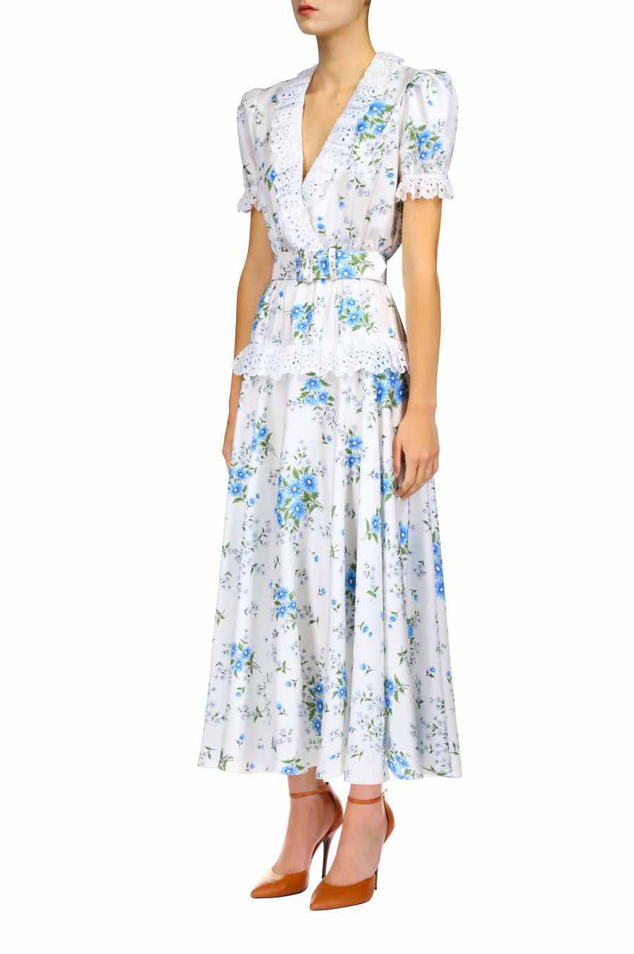 White And Blue Daisy Silk Twill  Dress With Eyelet Ruffle Detail And Belt