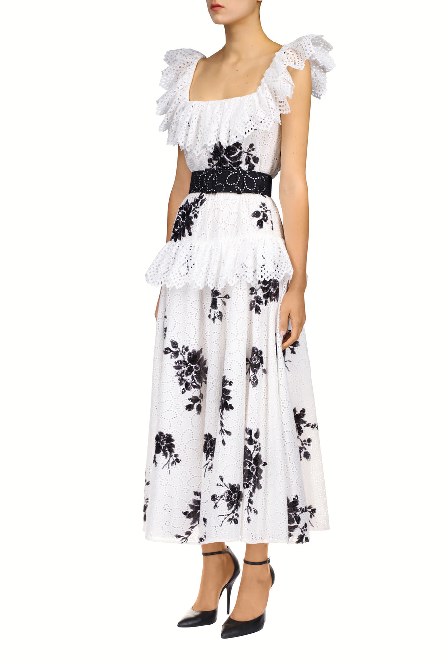 White Cotton Eyelet Dress With Floral Sequins, Eyelet Ruffle Detail And Belt