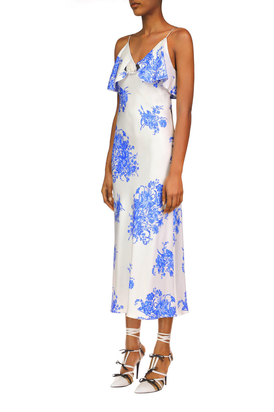 Floral Printed Silk Twill Bias Slip Dress With Ruffle And Silk Flower Detail