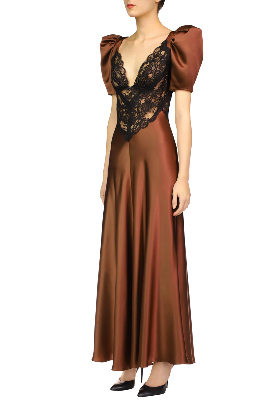 Brown Silk Satin Short Sleeve Dress With Black Lace Details