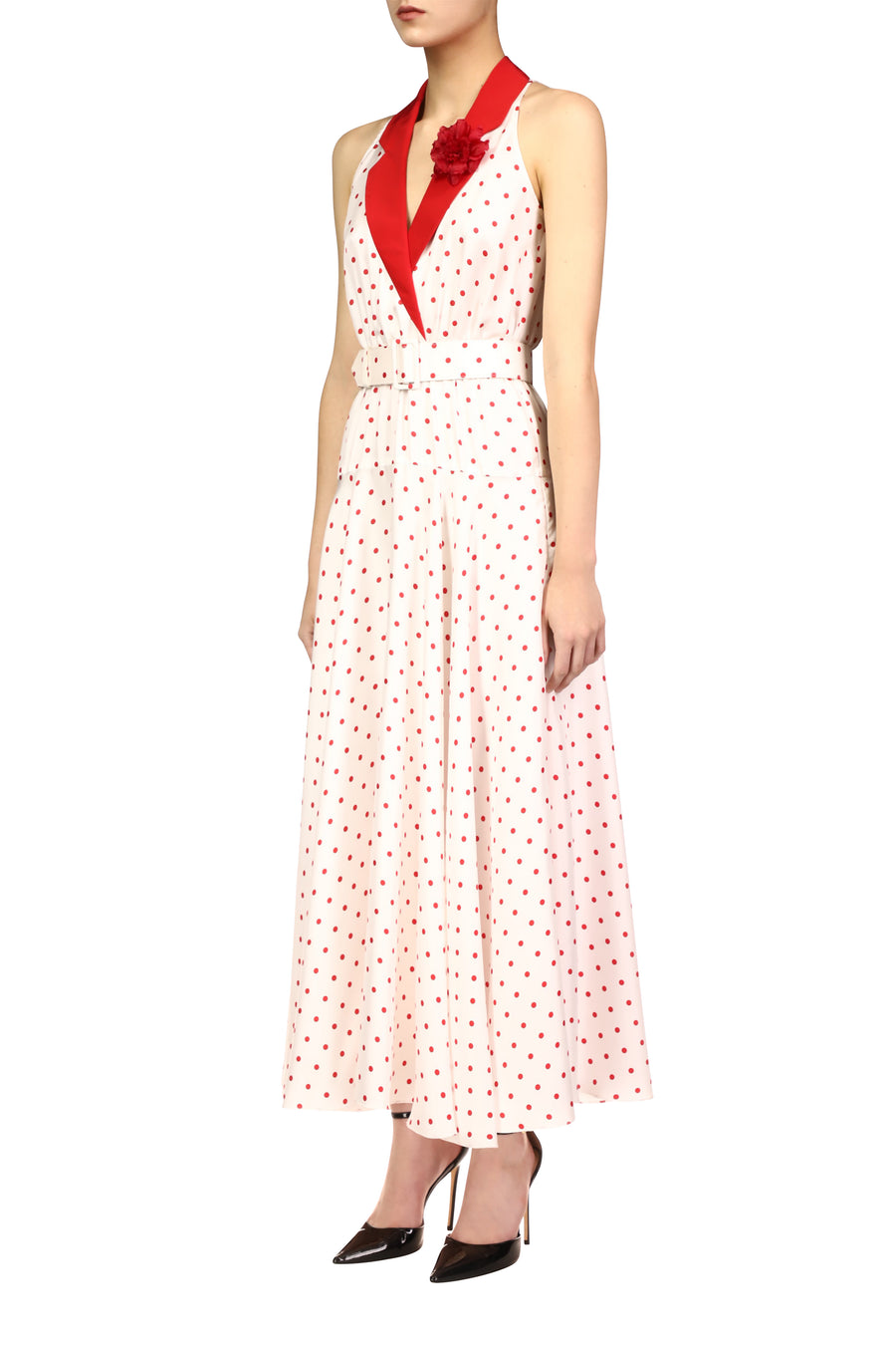 Polka Dot Silk Twill Collared Halter Dress With Belt Detail