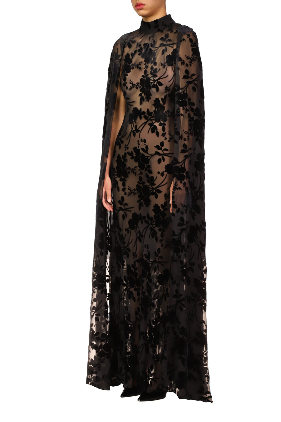 Black Burnout Velvet Cape Gown