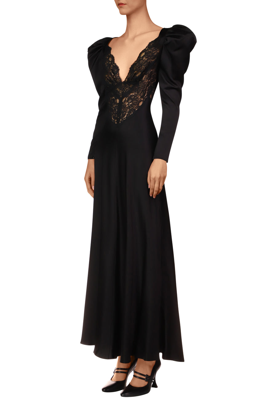 Black Silk and Lace Bias Long Sleeve Dress
