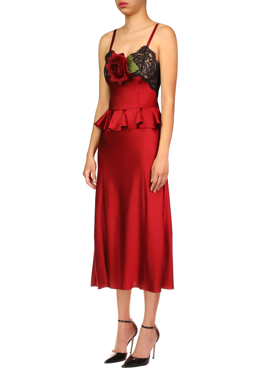 Red Silk Satin Slip Dress With Peplum And Black Lace Details