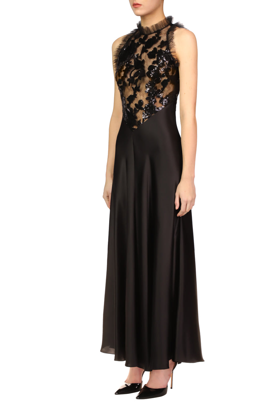 Black Silk Satin And Sequin Dress With Tulle Ruffle Detail