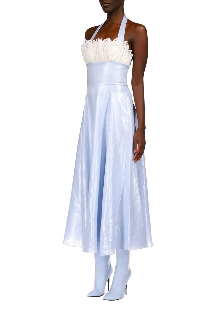 Blue Metallic Linen and Cotton Eyelet Dress