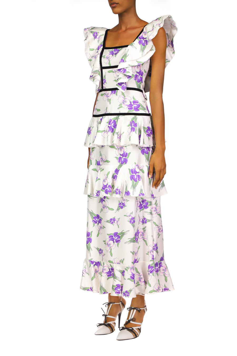 Purple Iris Printed Silk Twill Dress With Velvet Ribbon Detail