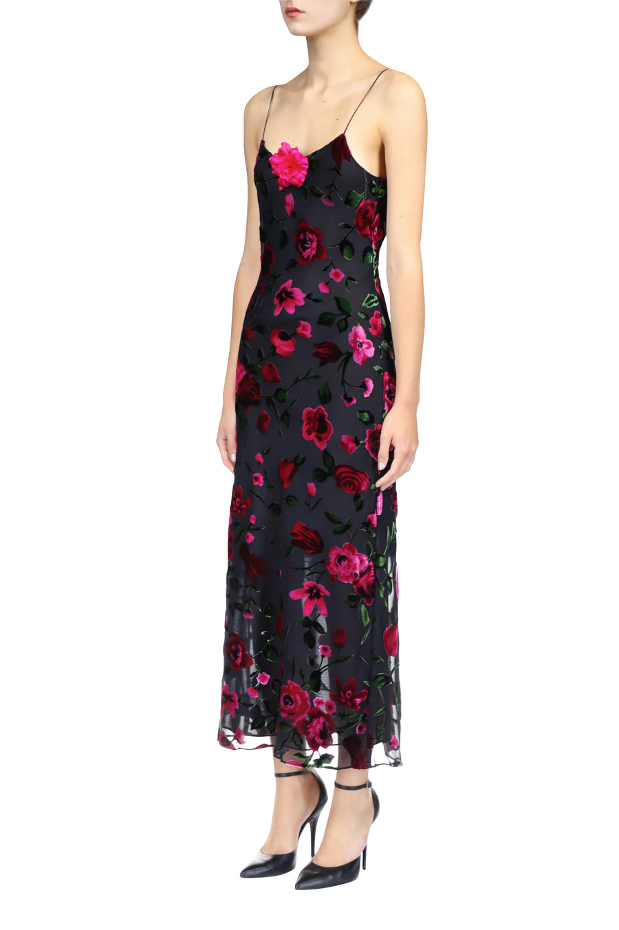 Velvet Devoré Slip Dress With Silk Flower Pin