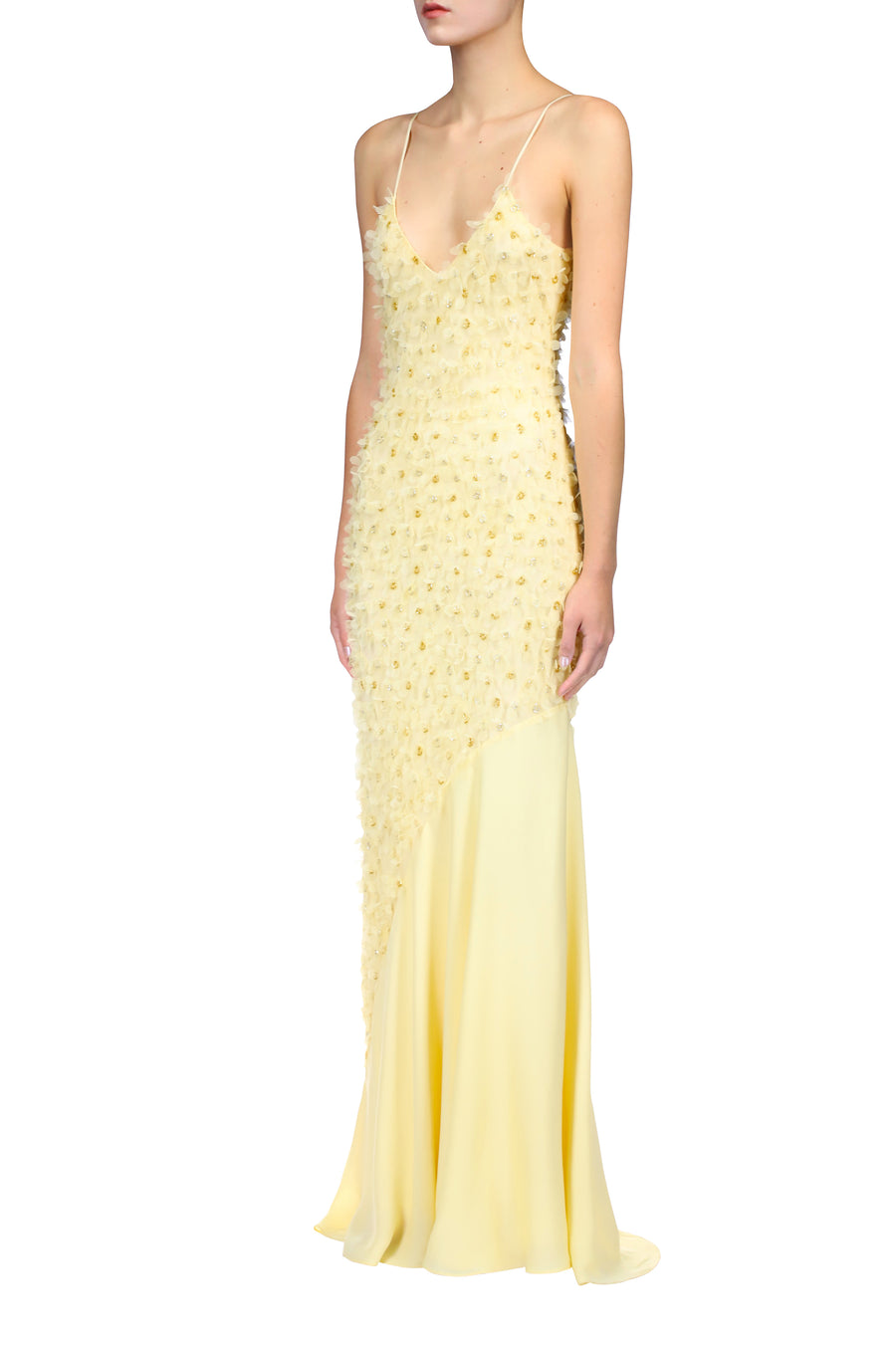 Embroidered Bias Slip Gown With Applique Flowers and Georgette Insert