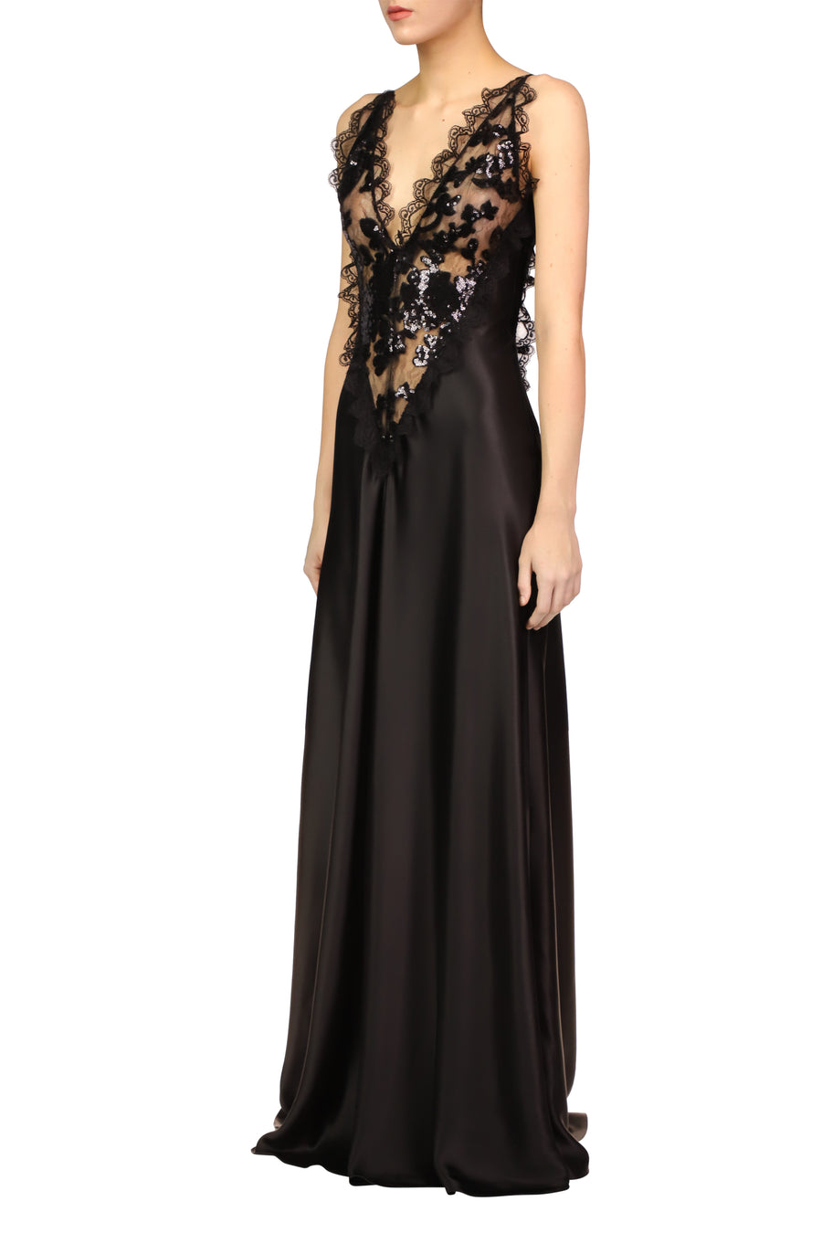 Black Silk Satin Dress With Sequin And Lace Trim Detail