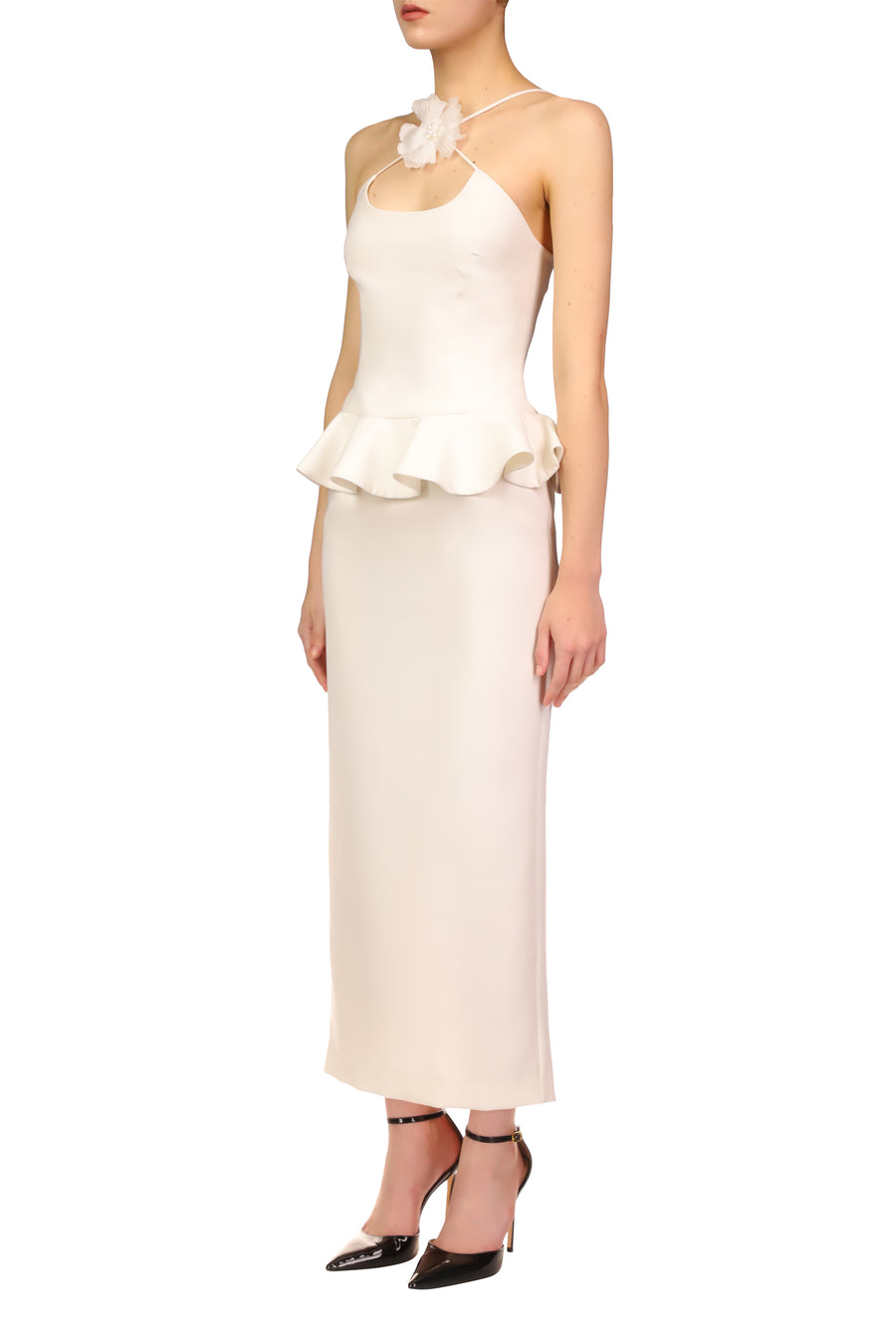 White Crepe Dress With Peplum Detail And Flower Pin