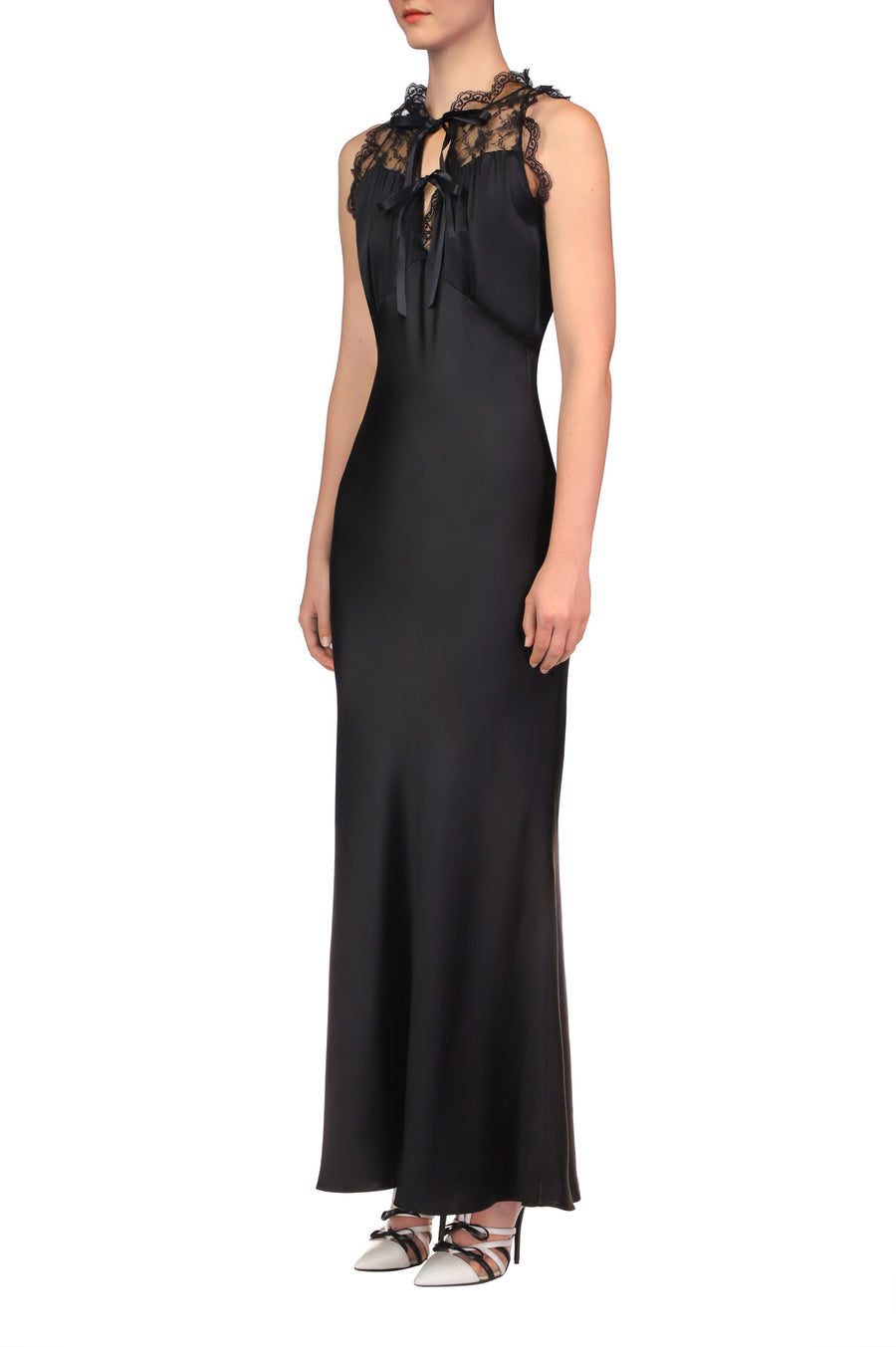 Black Silk Satin Bias Halter Dress With Lace And Ruffle Details
