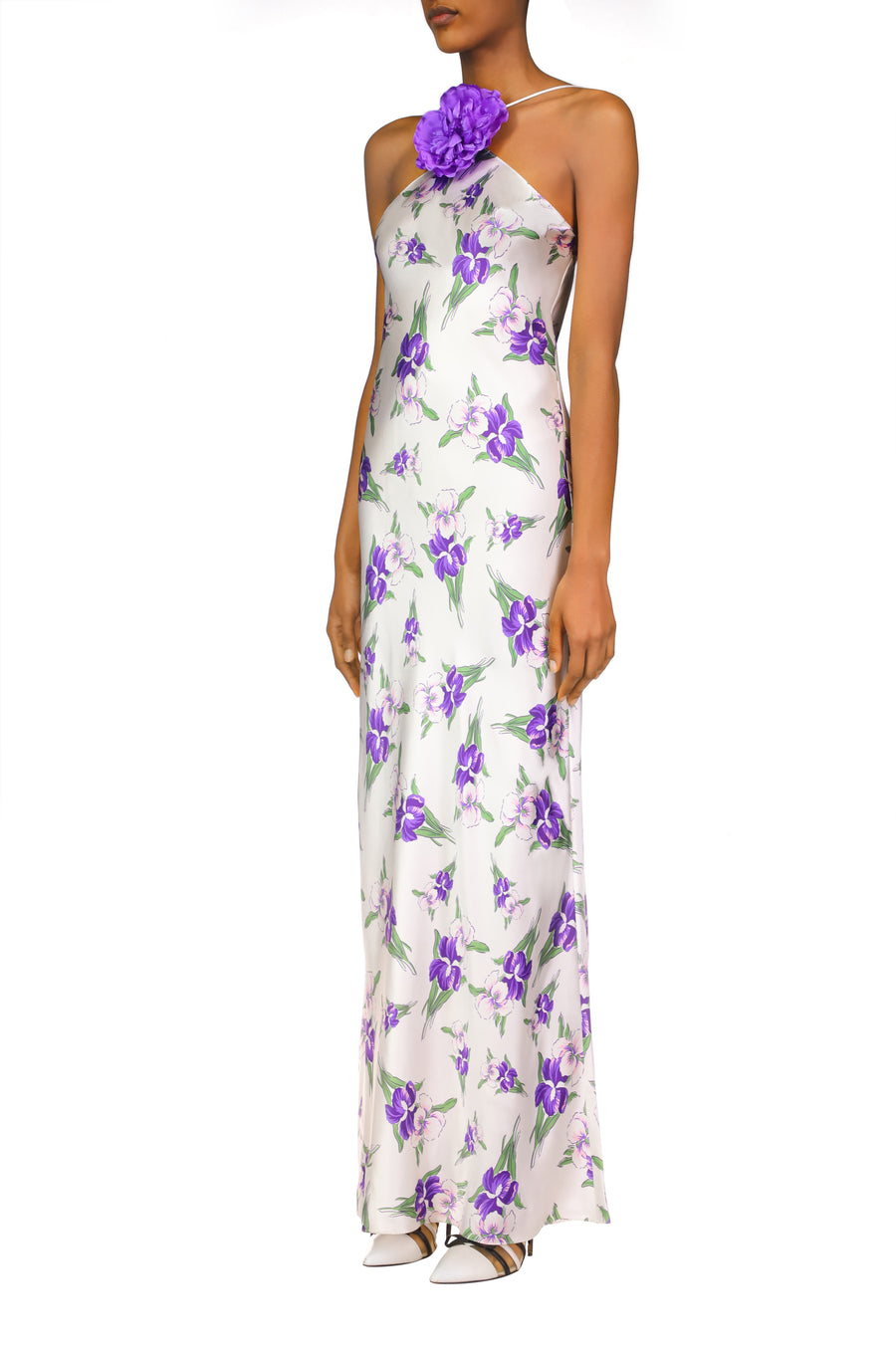 Purple Iris Printed Silk Halter Gown With Silk Flower Detail