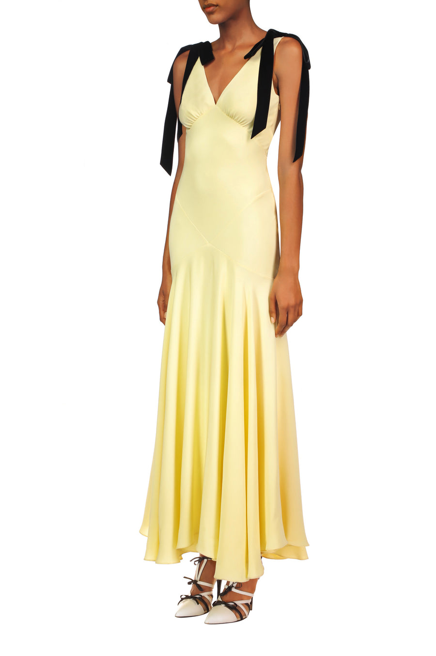 Yellow Silk Crepe Bias Dress With Black Velvet Ribbon Bow Detail