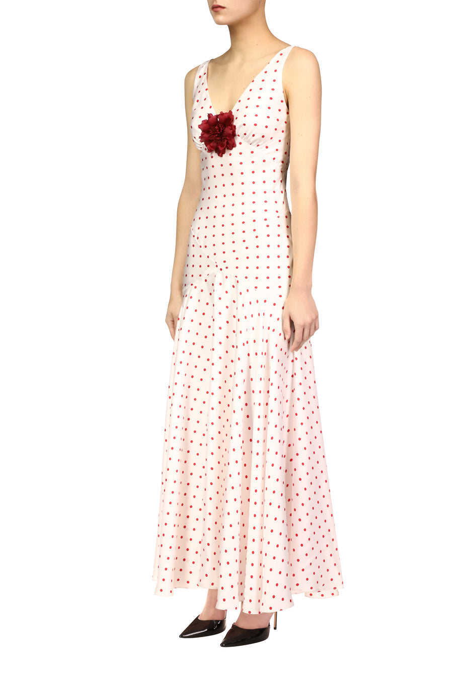 Red Polka Dot Silk Twill Bias Dress With Flower Detail