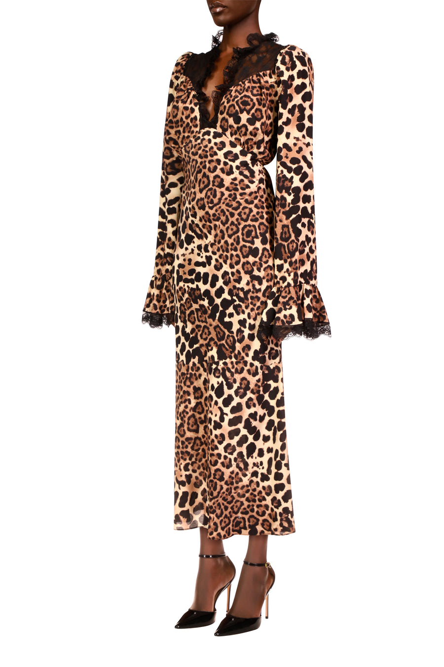 Leopard Printed Silk Bias Dress With Bell Sleeves