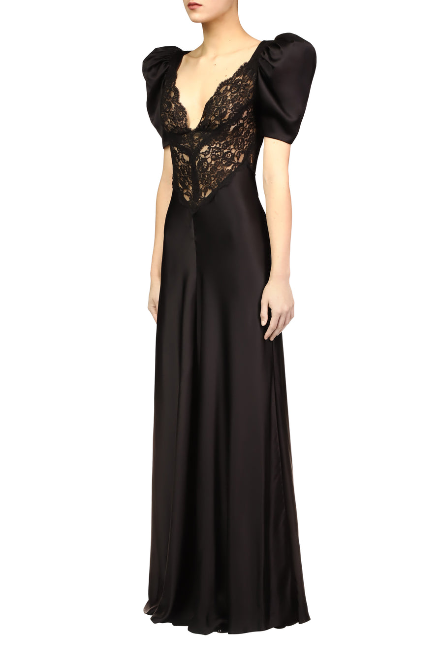 Black Silk Short Sleeve Gown With Black Lace Details