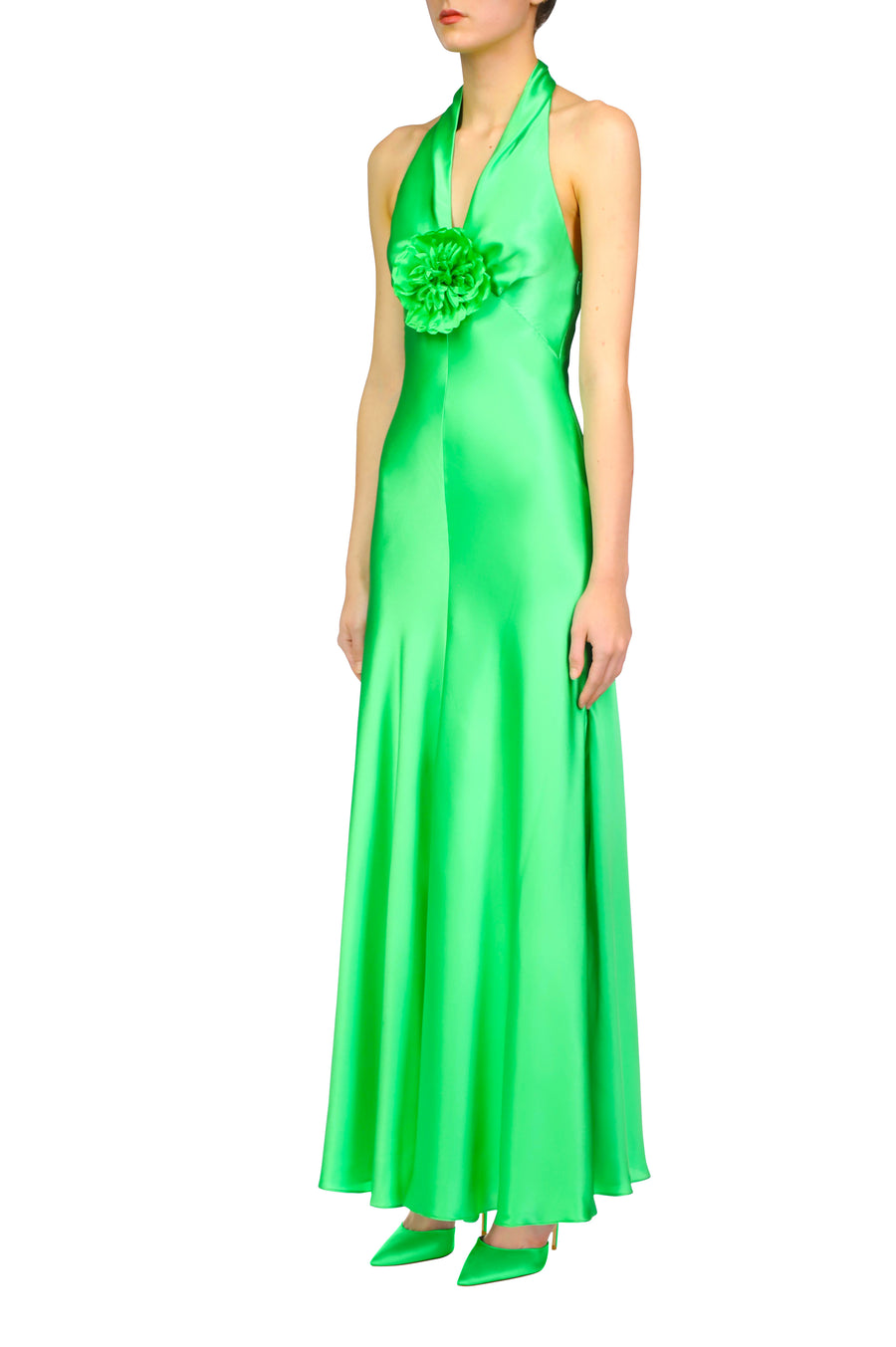 Green Silk Satin Halter Dress With Silk Flower Pin