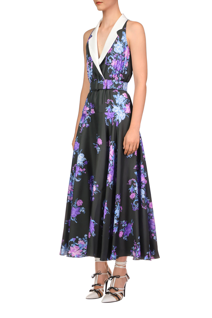 Floral Printed Silk Twill Collared Halter Dress With Belt Detail