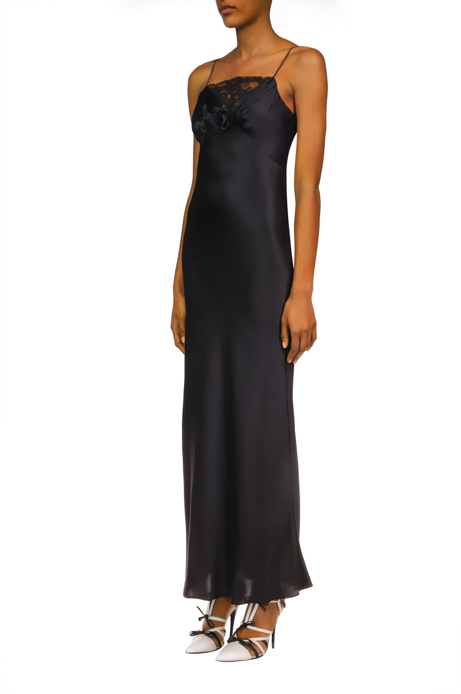 Black Silk Satin Bias Dress With Ruched Bust And Black Lace Detail