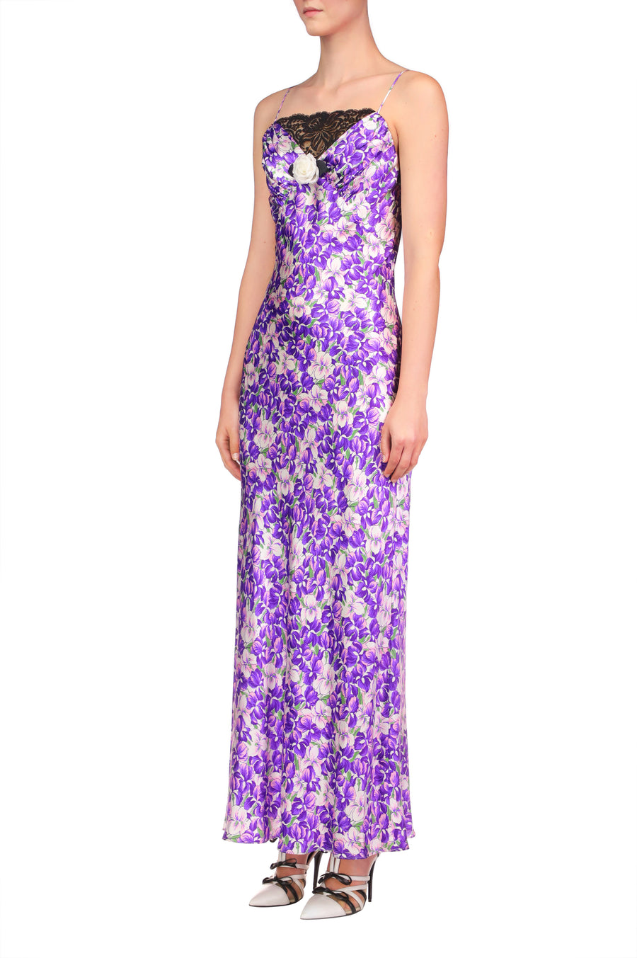 Purple Iris Printed Silk Satin Bias Dress With Ruched Bust And Black Lace Detail