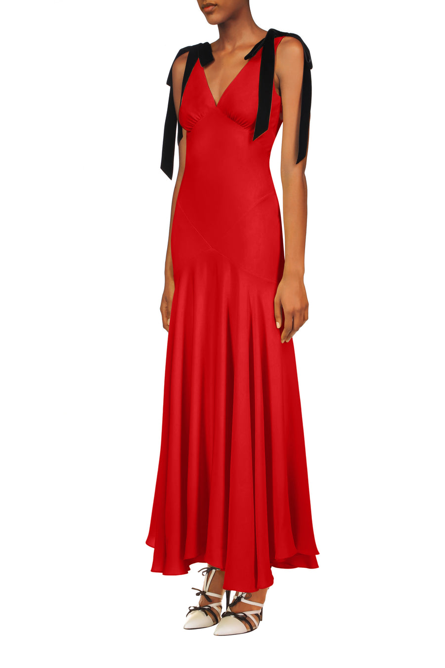 Red Silk Crepe Bias Dress With Black Velvet Ribbon Bow Detail