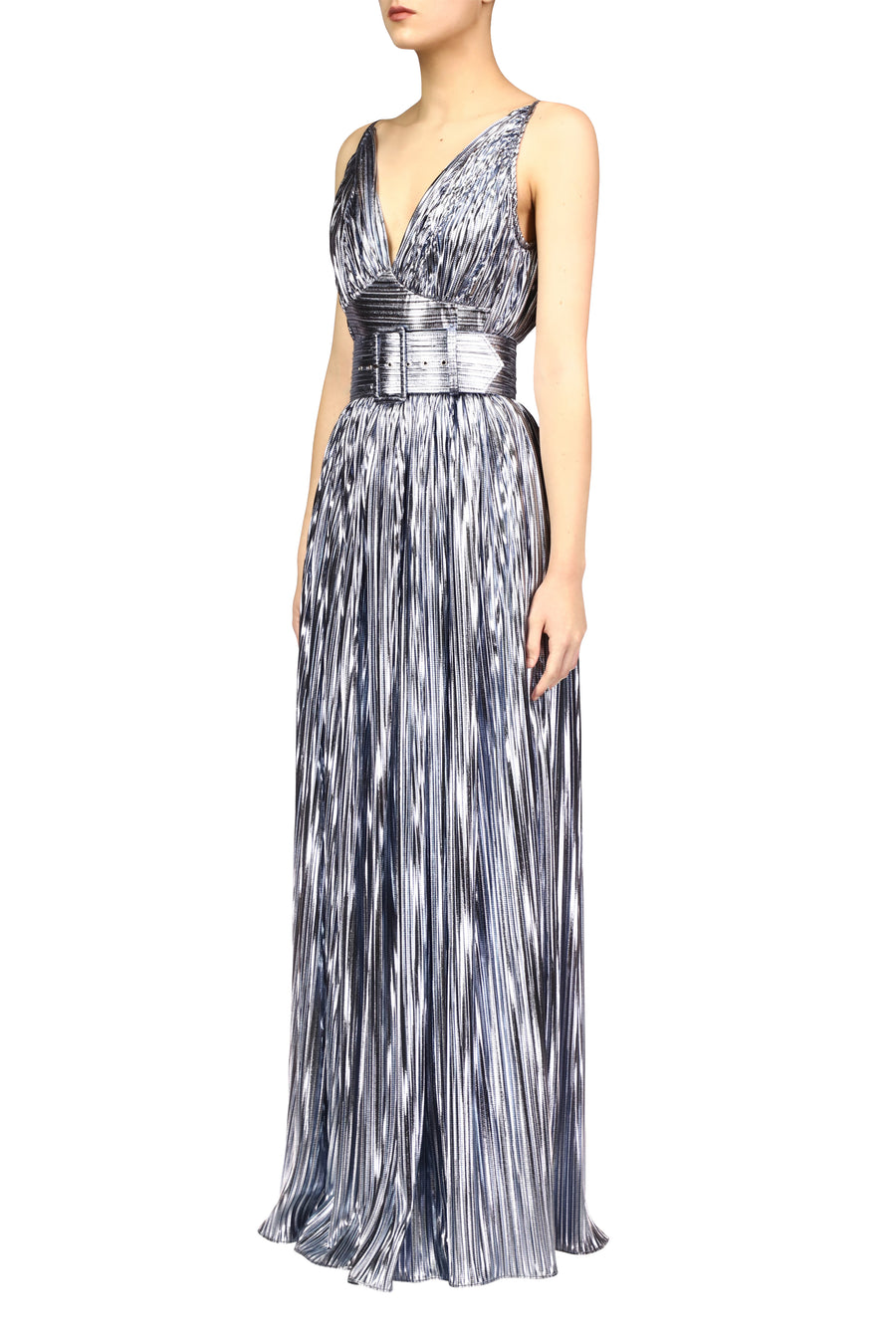 Pleated Light Blue Metallic Lamé Halter Gown with Belt