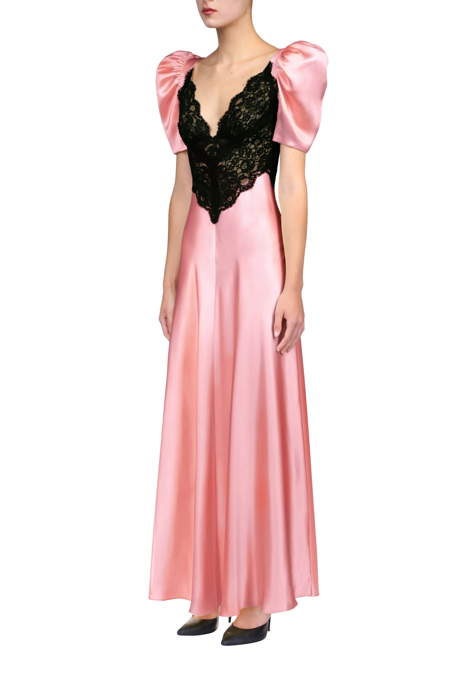 Pink Silk Satin Bias Dress With Black Lace Bodice Detail