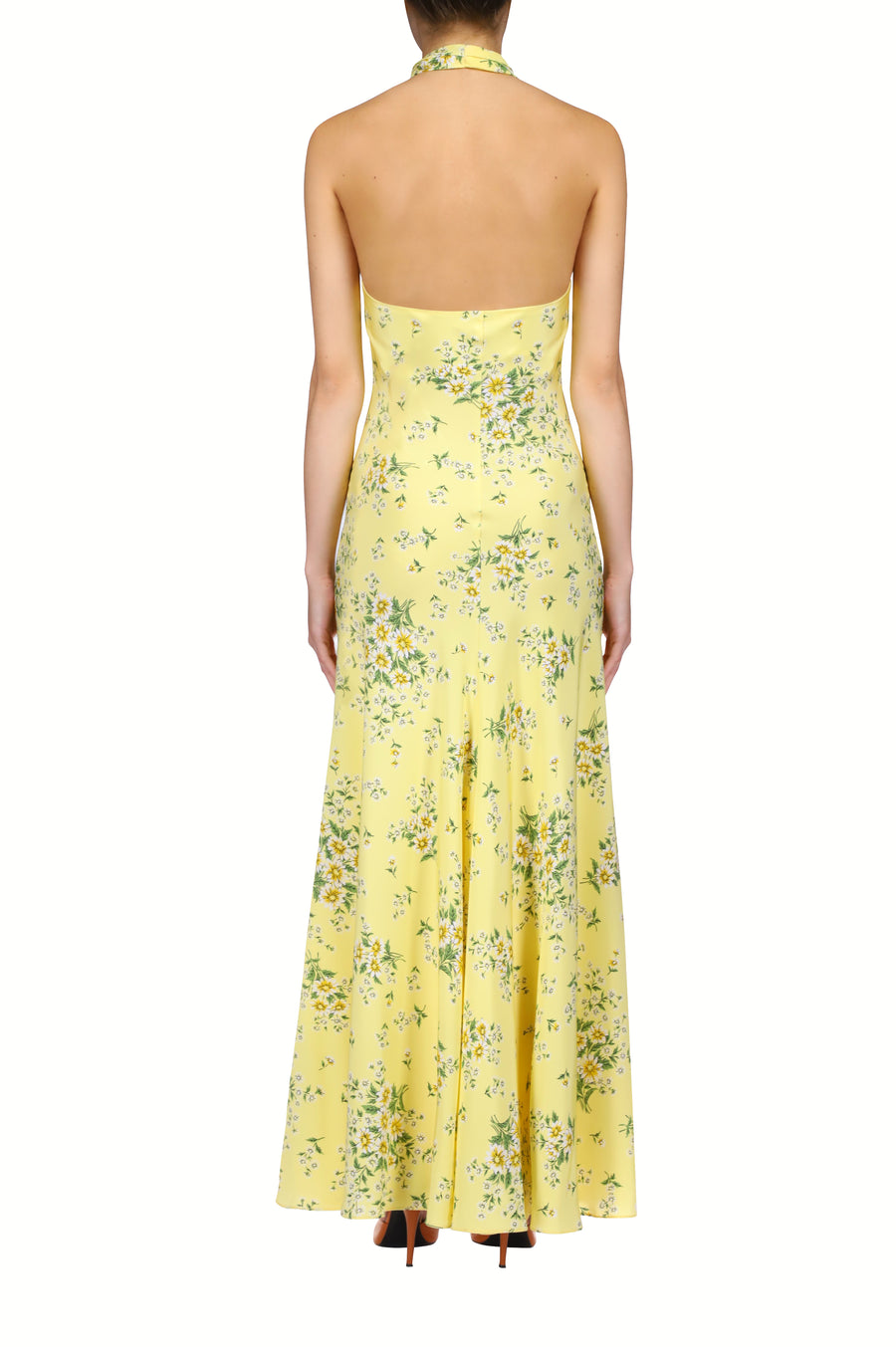 Yellow Daisy Silk Halter Dress With Silk Flower