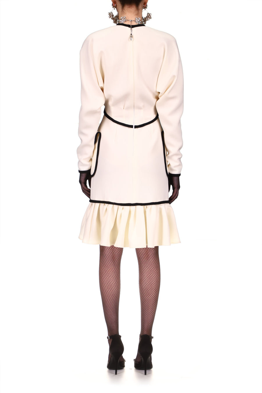 White And Black Wool Batwing Dress With Pearl Buttons