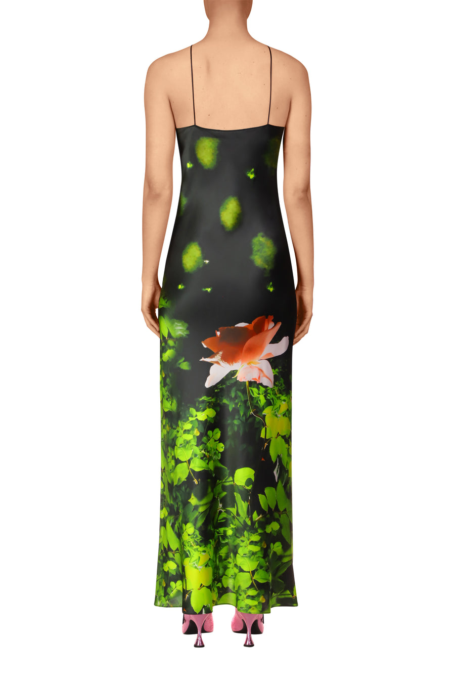 Rose Printed Satin Halter Gown With Silk Flower