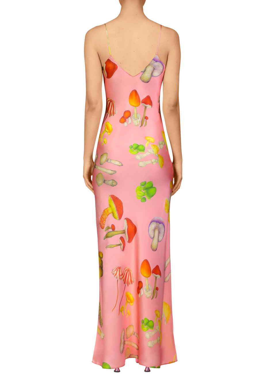 Pink Mushroom Printed Silk Satin Tea Length Slip Dress